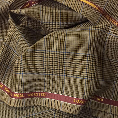 Light Brown With Blue Check Onyx Super 100's Luxury Jacketing And Suiting's