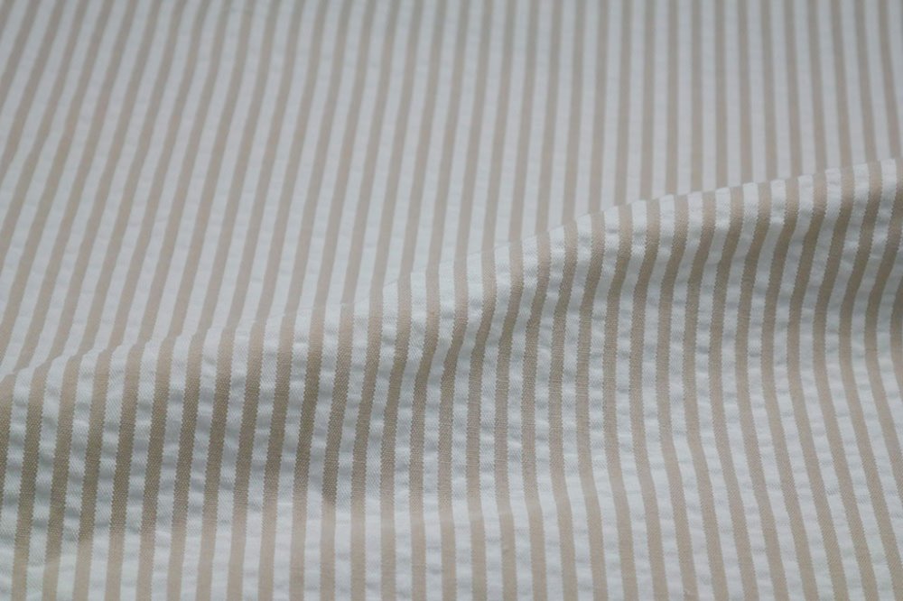 Tan & White Stripe Seersucker Fabric