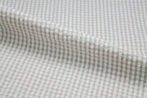 Tan & White Check Seersucker Fabric