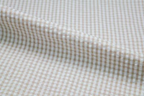 Tan & White Check Seersucker Fabric