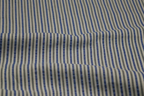 Blue, Black & White Checked Seersucker Fabric