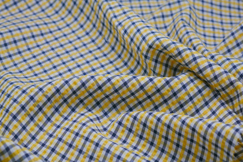 Blue, Black & White Checked Seersucker Fabric