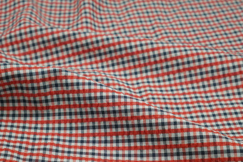 Blue, Black & White Checked Seersucker Fabric