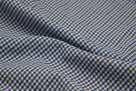 Blue, Black & White Checked Seersucker Fabric