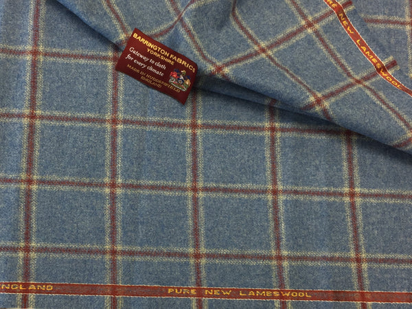 Baby Blue with red windowpane check 100% Pure New Lambswool Jacketing