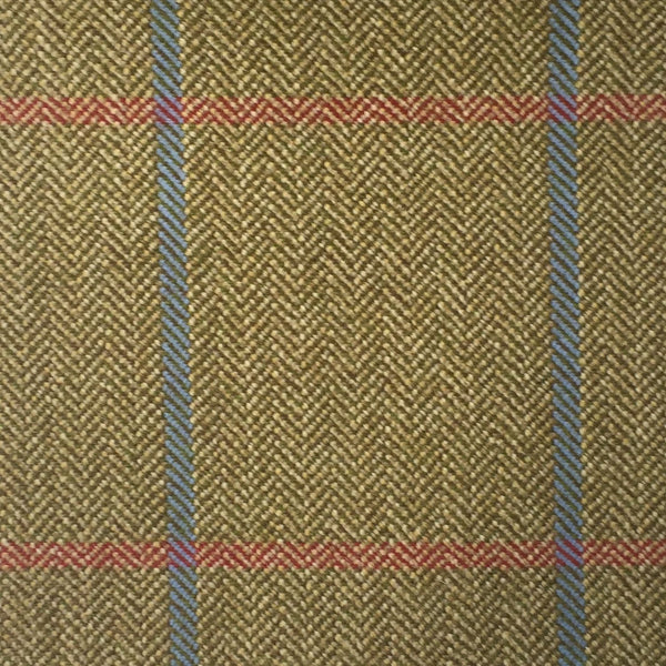 Golden Green Herringbone With Blue And Red Check Country Tweed Jacketing