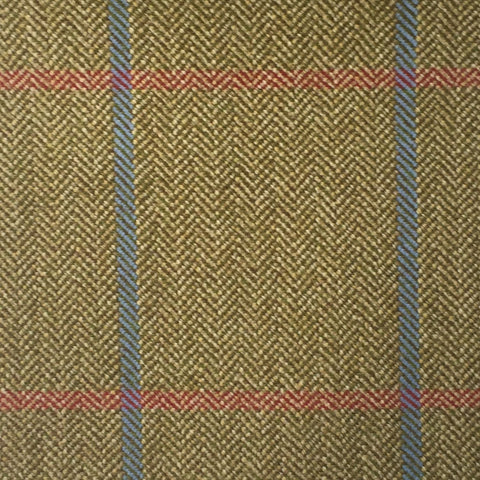 Golden Green Herringbone With Blue And Red Check Country Tweed Jacketing