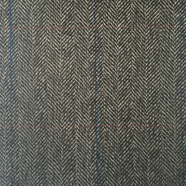 Grey Herringbone With Blue And Red Check Country Tweed Jacketing