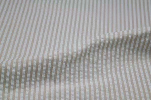 Tan & White Stripe Seersucker Fabric