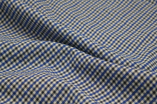 Blue, Black & White Checked Seersucker Fabric