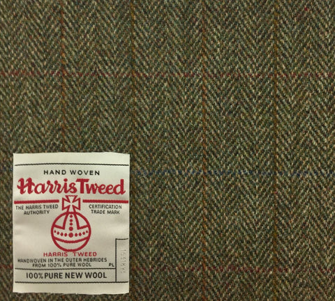Moss Green Herringbone With Gold/Amber/Red/Blue Check Harris Tweed