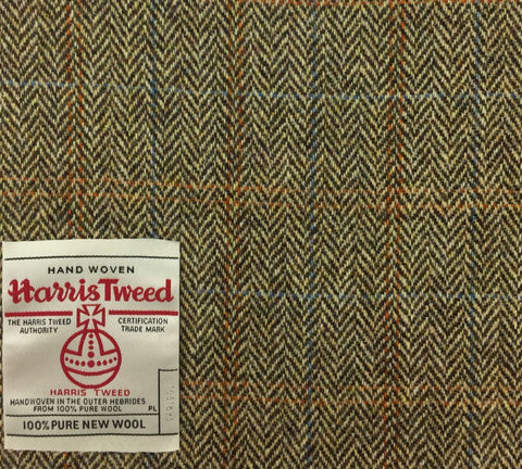 Cream/Brown Herringbone With Blue/Orange Check Harris Tweed