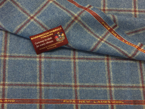 Baby Blue with red windowpane check 100% Pure New Lambswool Jacketing